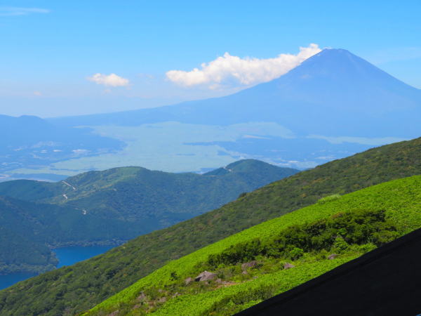 箱根駒ケ岳から見る富士山と芦ノ湖写真